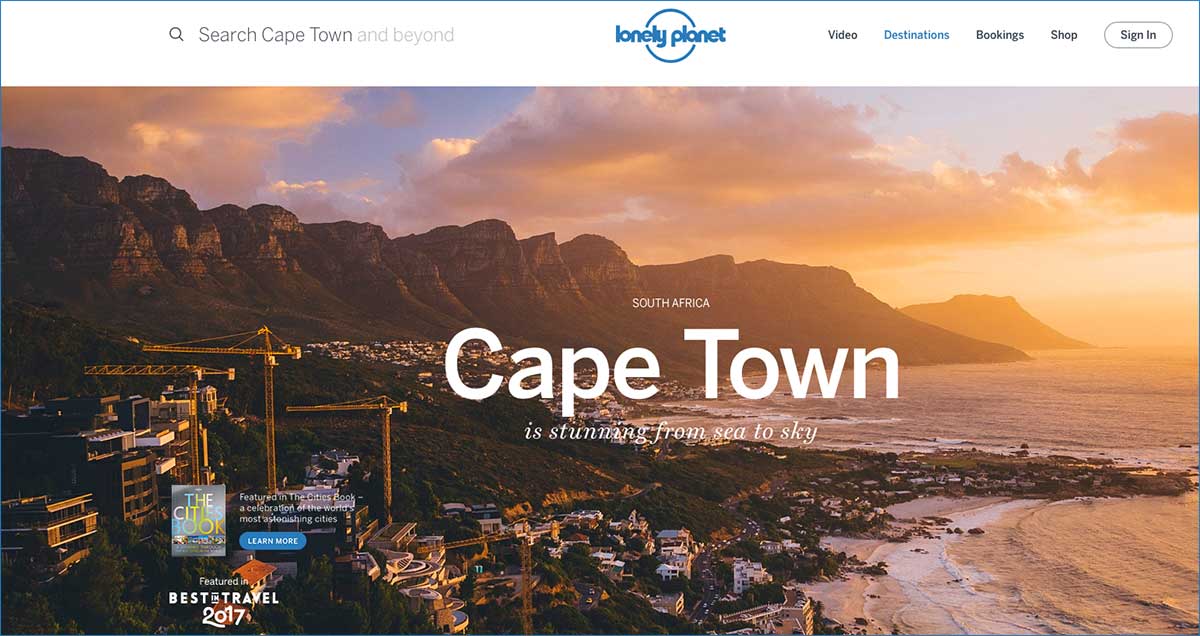 Screenshot of the Cape Town page of the Lonely planet website