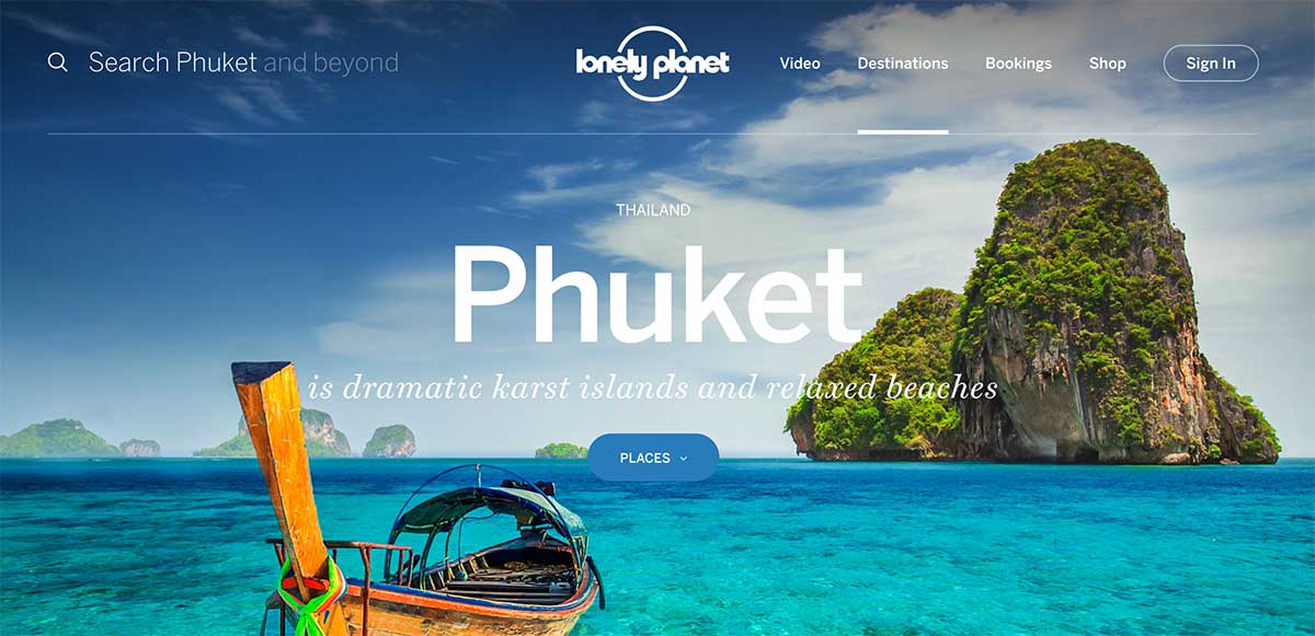 Screenshot of the Phuket Thailand page of the Lonely Planet website