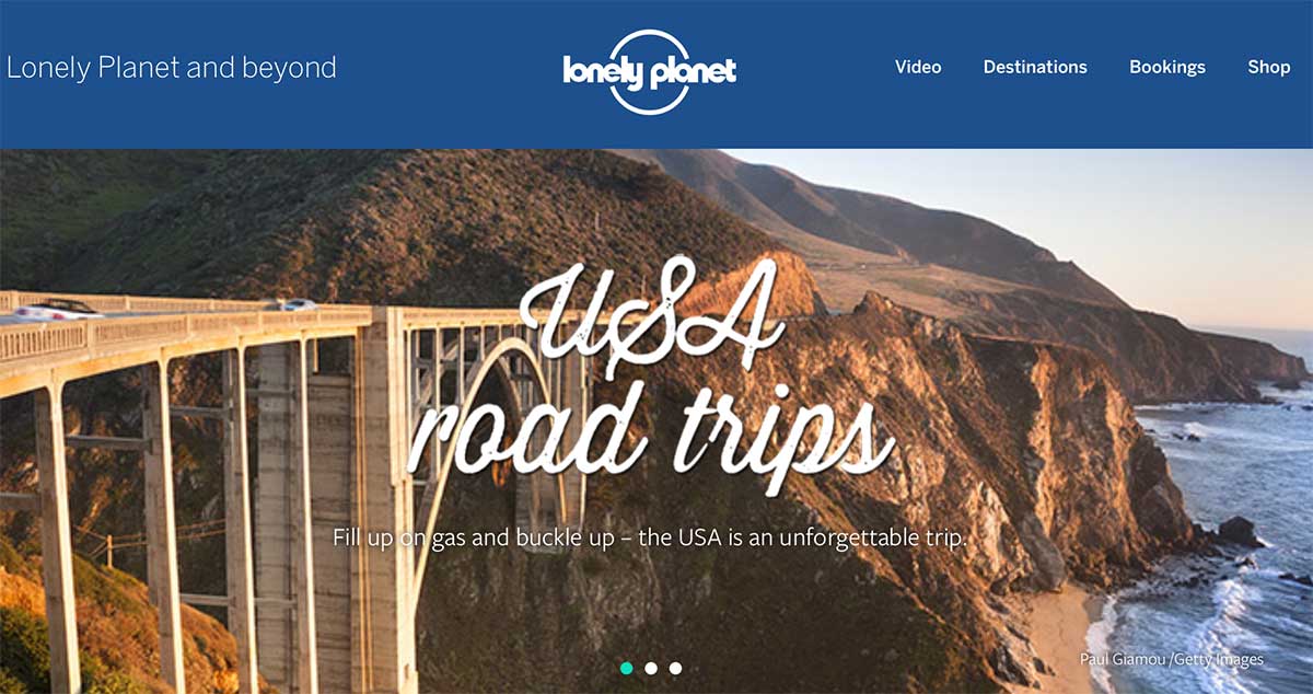 Screenshot of the USA road trips page of the Lonely Planet website