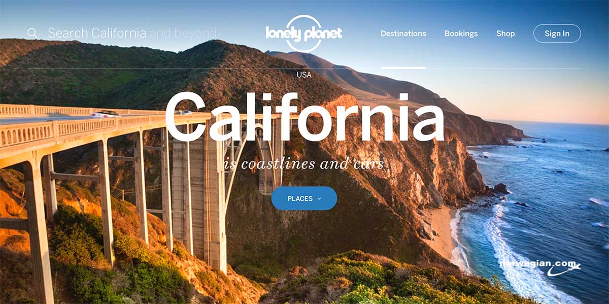 Honeymoon inspiration using a screenshot of the California page of the Lonely Planet website