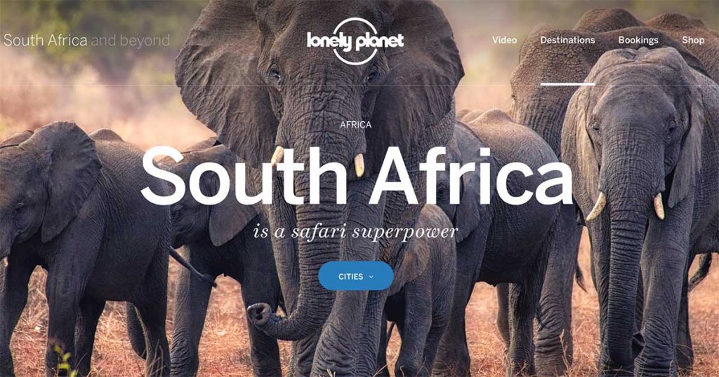 Screenshot of the South Africa page on the Lonely Planet website