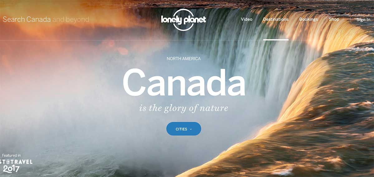 Screenshot of the Canada page of the Lonely Planet website