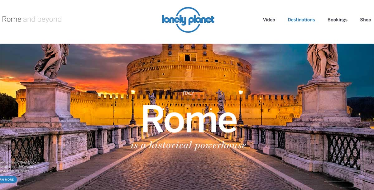 Screenshot of the Rome page of the Lonely Planet website