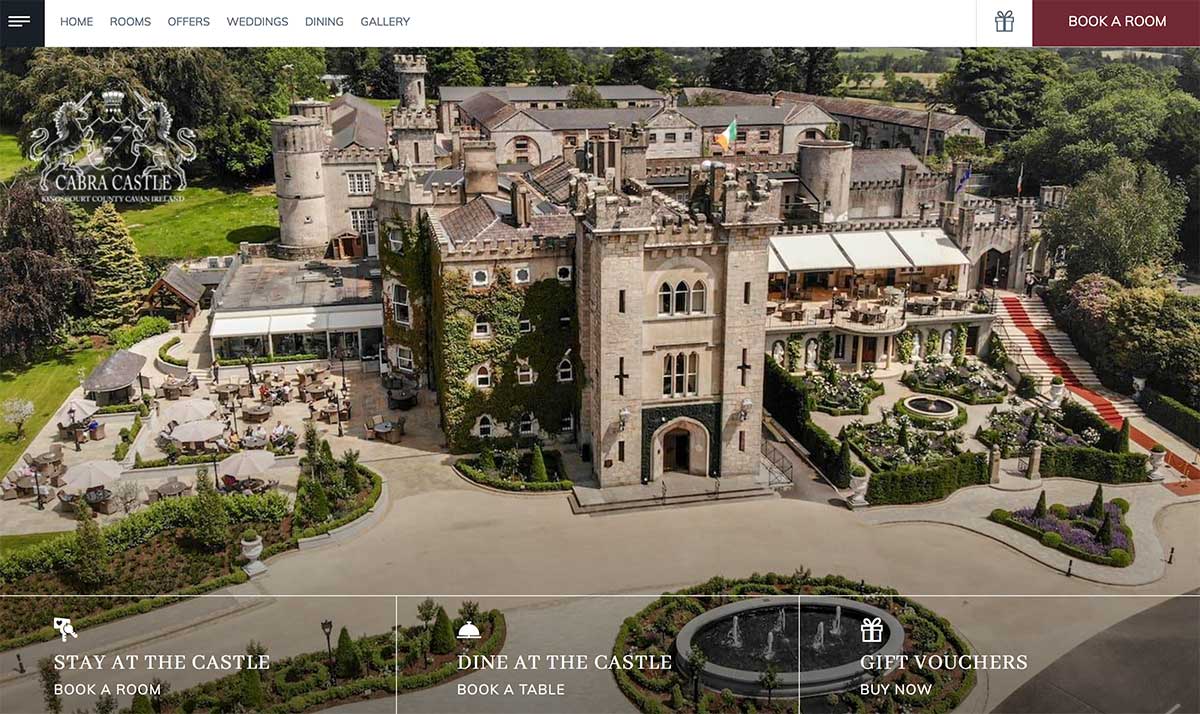 Screenshot of the Cabra Castle and wedding venue website Kingscourt County Cavan